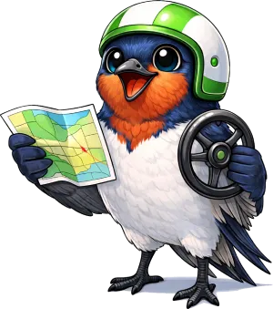 Zippi, the Trippi Arcade swallow mascot, wearing a helmet and holding a map and steering wheel